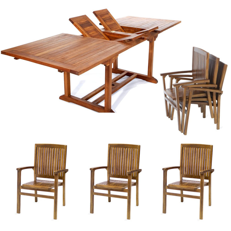 All Things Cedar 7-Piece Twin Butterfly Leaf Teak Extension Table Stacking Chair Set TE90-24